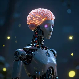 a evil robot with a brain at night with fireflies, backlighting, trending on artstation, night lighting, cgi, bokeh, dreamy