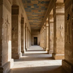 a photo of an endless hallway in an egyptian library