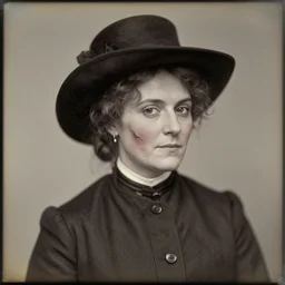 a late 1 9 th century, [ [ amused!! ] ], thirtysomethins years old, austro - hungarian woman ( with termed kyphosis, with wart, messy, brown hair, ( ( large black hat ) ), bun, looks like ( ( cate blanchett with a smirk ) ) ), daguerreotype by emil rabending