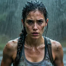 candid action photographic portrait muscular sweat lara croft, covers with mud exhausted face close up, highly detailed, moody emotional cinematic, pouring iridescent rain, 8 k, hd, high resolution, 3 5 mm, f / 3 2, motion blur, ultra realistic faces 8 k