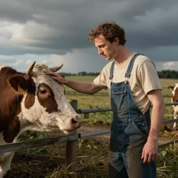 elijah wood in overalls on a farm petting a cow