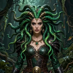 beautiful, a muse of beauty, medusa, vraska golgari queen, long flowing medusa hair, mostly green and leather pirate armor, young female face, vine like plants and jungle background, cinematic top lighting, insanely detailed and intricate, face by wlop, charlie bowater, golden ratio, symmetric, elegant, ornate, luxury, elite, matte painting, mtg, magic the gatheing, cinematic, cgsociety, 8 k, high resolution