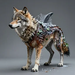a portrait photo of a merged bird wolf morphing human animal skin leather, grown together with spotted fur gills orca rhino scales, merged spider web wires electronic ivy roots, morphing water drippings ice
