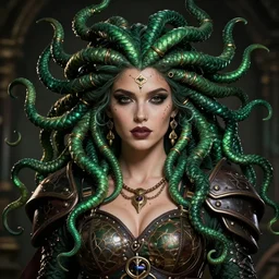 beautiful, a muse of beauty, medusa, vraska golgari queen, long flowing medusa hair, mostly green and leather pirate armor, young female face, cinematic top lighting, insanely detailed and intricate, face by wlop, charlie bowater, golden ratio, symmetric, elegant, ornate, luxury, elite, matte painting, mtg, magic the gatheing, cinematic, cgsociety, 8 k, high resolution