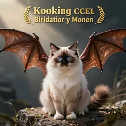 photo of a ragdoll cat with dragon wings looking at camera