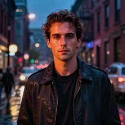 night flash portrait photography of tomas lemarquis on the lower east side by annie leibovitz, raining!! nighttime!, colorful!,