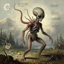 alien parasite, scientific illustration with callouts by Ersnt Haekel, detailed scan,