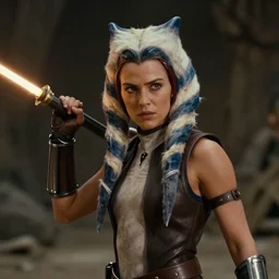cinematic still image of rosario dawson as ahsoka tano, scene from 1 9 8 0 s empire strikes back, 3 5 mm imax, moody iconic scene, action scene, beautiful detailed scene, kodak, directed by kubrick