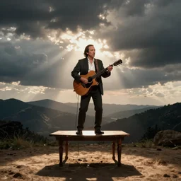 nicolas cage, playing guitar while standing on a table