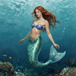 realistic portrait of a beautiful mermaid in the sea, 1450, ink, ultra realistic, 8k