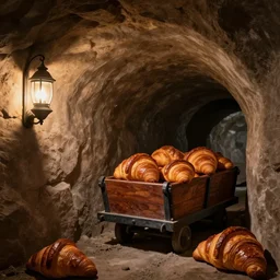 a mineshaft for mining croissants. There are lanterns on the wall and croissants in a minecart