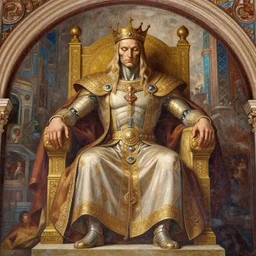 beautifully painted mural of a cyborg king in his throne, ornate royal garments, sci fi royal throne room, piercing glowing eyes, intricate, highly detailed, incredible lighting, sci fi scenery, fantasy setting, vogue cover poses, masterful painting, mural in the style of sandro botticelli, caravaggio, albrecth durer