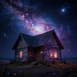 old house in a galaxy made of stars, space, nebulas stars Dmt Psychedelic cosmos, cosmic, Hallucination, night sky; 8k, artstation, unreal engine, octane render, hdr, surrealistic, hyperrealism, glow, photorealistic, volumetric lighting, Dreamy, dynamic, mystical