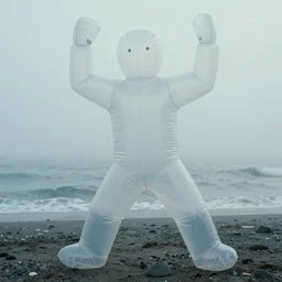 a strange inflatable man made of transparent latex dance on the sea coast in light fog, film still from the movie directed by denis villeneuve with art direction by zdzisław beksinski, close up, telephoto lens, shallow depth of field