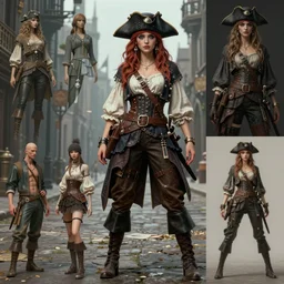 artist reference pictures pose, anatomy skills,sophisticated composition, old masters light composition, procedurally generated, epic anthropomorphic pirate girl character posing for concept art, gothic city streets behind her, costume design from metamodern designers, substance designer, PBR, HD, Ultra detailed, hyperrealistic, megascans, volumetric light, concept by master artist, made in paint tool SAI2, trending pixiv face