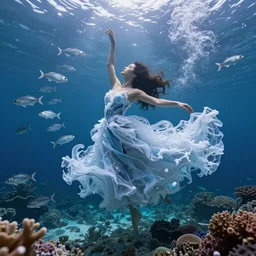 woman dancing underwater wearing a long flowing dress made of many layers of ice and snow, coral sea bottom, swirling schools of silver fish, swirling smoke shapes, octane render, caustics lighting from above, cinematic, hyperdetailed