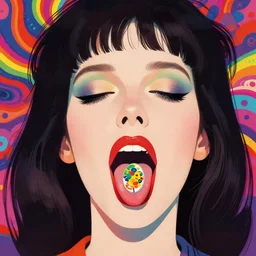 a colorful vibrant closeup portrait of an 8 0 s woman licking a tab of lsd acid on his tongue and dreaming psychedelic hallucinations, by kawase hasui, moebius, edward hopper and james gilleard, zdzislaw beksinski, steven outram colorful flat surreal design, hd, 8 k, artstation