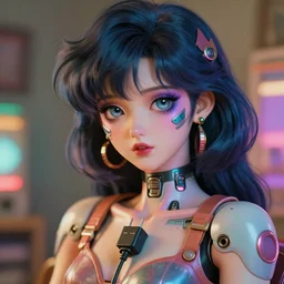 korean roccoco anime android portrait with sci - fi makeup, chromatic skin, eighties look, retro, beautiful lights, charging plug in the chest, vintage look, depth of field, soft focus, 3 d, hyper realistic, illustration, airbrush, 8 k, intricate, duo tone, art by david la chapelle and philip castle, artgerm
