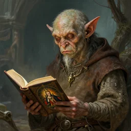 a medieval goblin reading a book painted by hieronymus bosch, detailed digital art, trending on Artstation