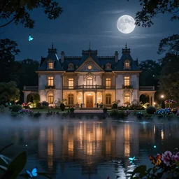 a stunning well lit renaissance lake house with lamps and flowers, a beautiful lake in the foreground, moonlit night dreamy atmosphere, highly detailed twigs and plants in the forest, bioluminescent butterflies in the fog in a bokeh background, deep colors, photorealistic digital arts, smooth and rich color scheme, artstation, 8K