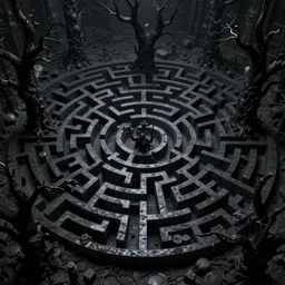 dense dark black maze, gnarled black trees, gonzo, volumetric lighting, 8 k octane beautifully detailed render, post - processing, extremely hyper - detailed, intricate, epic composition, intricate, trending on artstation, stunning art by hathazi, wonderful masterpiece by frazetta