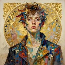 portrait, patchwork boy, cyberpunk, elegant baroque, expressive, asymmetrical art, hyperrealism, colorful, vivid, imposing, epic, abstract texture, gold leaf texture, artstation, concept art, by peter mohrbacher and wlop and rhads and artgerm and magali villeneuve and alphonse mucha