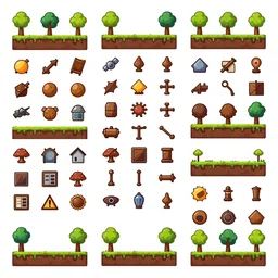 A game assets spritesheet by Dead cells.  Containing props, platforms, terrain, trees, and 2d, side view assets, side scroller, platform, vector art, very detailed