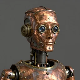 portrait of a robot from the 17th century, made of copper brass iron and wood, glass lenses, VFX render