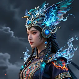 3 d warrior goddess close - up profile portrait. beautiful intricate highly detailed chuu! magpie helm and richly embroidered blouse, quetzalcoatl, stingray, bioluminescent, plasma, lava, ice, feather, wind, stormy, artwork by tooth wu and wlop and annie leibovitz, octane 3 d render