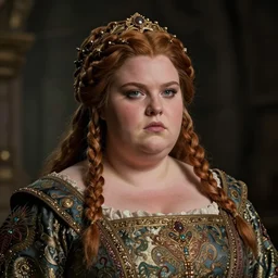 Portrait | chubby female dwarven noblewoman | brocade dress | complex adorned braided hair | style by greg rutkowski, larry elmore, giotto dramatic light | high detail | cinematic lighting | artstation |shorty broad fat woman| bold serious expression | dungeons and dragons |