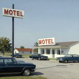 1 9 6 0 s americana painting of a motel and motel sign with cars parked outside by norman rockwell