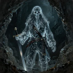 ultra realistic color portrait painting of a tranparent 1 7 th century pirate ghost with a sword in a grotto, dark, painted, brooding, atmospheric, seascape, horror, smooth, epic, highly detailed, cinematic, artstation, paul carrick