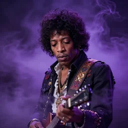 A mystical mesmerizing 8k hyperrealistic Photo Portrait jimi hendrix transforming into a purple haze, soft, sharp focus, detailed, art by artgerm and Alphonse Mucha