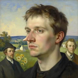 a portrait of a male character, nose of skull, in a scenic environment by Ross Tran and by Jesper Ejsing and by Mikalojus Konstantinas Ciurlionis
