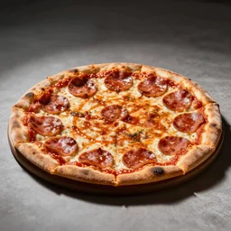 a plain pepperoni pizza with pepto bismol sauce.
