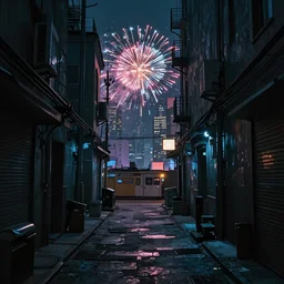 A cyberpunk alleyway with fireworks in the city behind. 4K HD Wallpaper. Premium Prints Available.