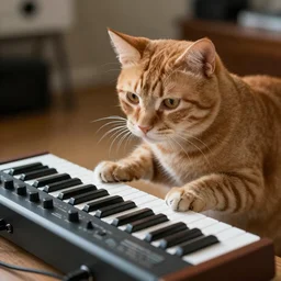 orange cat playing a moog synthesizer