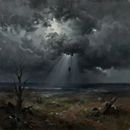 A painting of landscape in stormy day, a mysterious thing is happening, octane render, 8K, gothic art, digital art, oil on canvas, trending on artstation, 30mm
