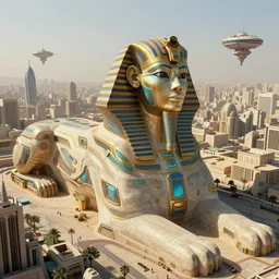 an aerial scene of the beautiful intricate epic futuristic cybernetic sphinx in a cyberpunk pharaoh city, small floating ships in the distance, hyper detailed, cinematic lighting