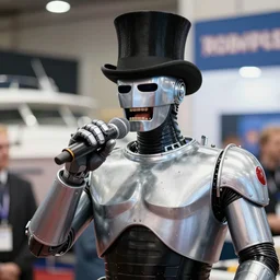 robocop wearing a top hat, singing into a microphone at a local boat show expo