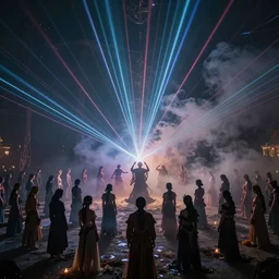 love, giant group diverse bodies, smoke lasers, darkness, from behind, rebirth rituals, wide angle, elaborate, smoke, highly detailed, beautiful lighting