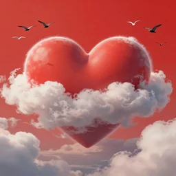 heart in the clouds, red sky, birds fly by, by Karol Bak style