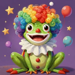 The Clown Frog King welcomes you Clown World, painting by Ralph McQuarrie, clown frog king in clown makeup and rainbow wig, chaotic