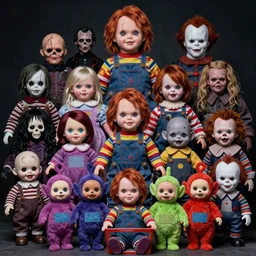 a colorful portrait photograph of divine, with creepy cursed dolls like little miss no name, face bank, fearsome flush, cursed mickey, blippy in the box, jolly chimp, fingertronic howdy doody electronic puppet, skinny bones, cursed teletubbies, trolls, boobahs, chucky, jigsaw, leatherface, michael myers, pazuzu, chatterer, pennywise, pale man in 1 9 9 0 s, studio light photography, high definition, 8 k, taken by alex webb
