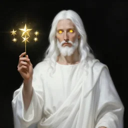 « portrait of the white - haired jesus in a white robe and flaming yellow eyes, holding seven stars in right hand, high - contrast, intricate, elegant, highly detailed, digital painting, artstation, concept art, smooth, illustration »