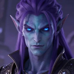 Handsome purple and Teal skinned Tiefling, striking azure eyes, Yoshitaka Amano, digital art