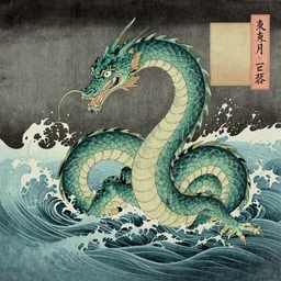 hydra emerges from the stormy sea, ukiyo-e print