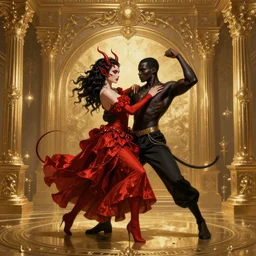 black man dancing with a female devil in red dress, Dark Souls 3 themed, in style of Ruan Jia, insanely detailed and intricate, golden ratio, elegant, ornate, luxury, elite, matte painting, cinematic, cgsociety, James jean, Brian froud, ross tran, Laputa