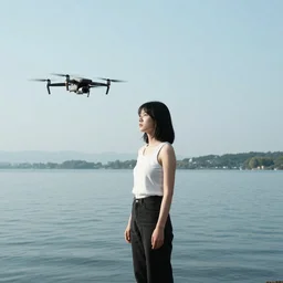 photograph of a female model with black hair standing in lake with her drone flying beside her, in the style of daido moriyama