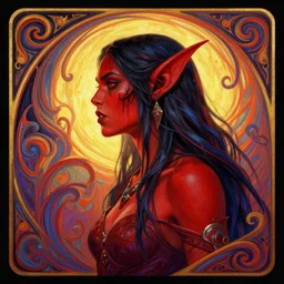 side profile centered painted portrait, female orc druid, bloodlust, red skin, d & d, gloomhaven, matte painting concept art, art nouveau, beautifully backlit, swirly vibrant color lines, fantastically gaudy, aesthetic octane render, 8 k hd resolution, by ilya kuvshinov and cushart krentz and gilleard james
